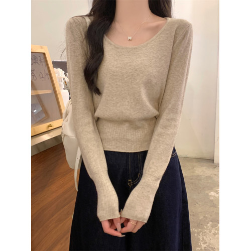 2025新款收腰低領毛衣女內搭大圓領小個子針織打底衫短款上衣秋冬