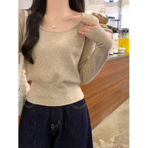 2025新款收腰低領毛衣女內搭大圓領小個子針織打底衫短款上衣秋冬