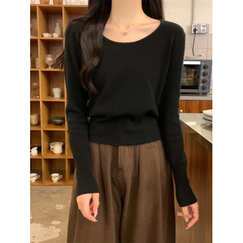 2025新款收腰低領毛衣女內搭大圓領小個子針織打底衫短款上衣秋冬