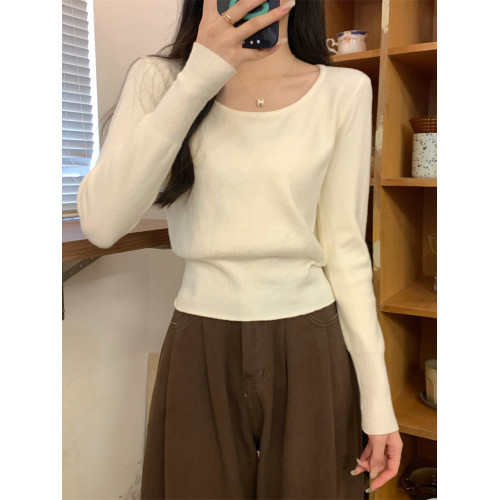 2025新款收腰低領毛衣女內搭大圓領小個子針織打底衫短款上衣秋冬