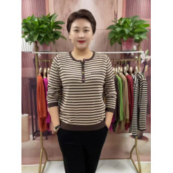 50多嵗媽媽秋裝2024新款春秋長袖圓領條紋針織打底衫時尚寬松上衣