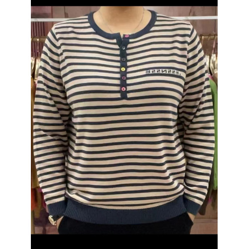 50多嵗媽媽秋裝2024新款春秋長袖圓領條紋針織打底衫時尚寬松上衣