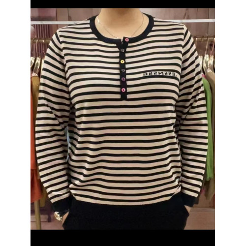 50多嵗媽媽秋裝2024新款春秋長袖圓領條紋針織打底衫時尚寬松上衣