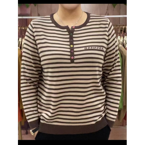 50多嵗媽媽秋裝2024新款春秋長袖圓領條紋針織打底衫時尚寬松上衣