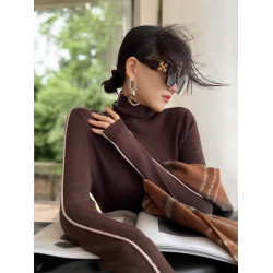 Basic House/百家好法式黑色撞色高領針織打底衫女早秋內搭可外穿