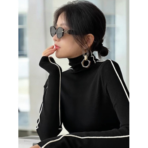 Basic House/百家好法式黑色撞色高領針織打底衫女早秋內搭可外穿