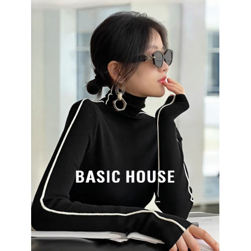 Basic House/百家好法式黑色撞色高領針織打底衫女早秋內搭可外穿