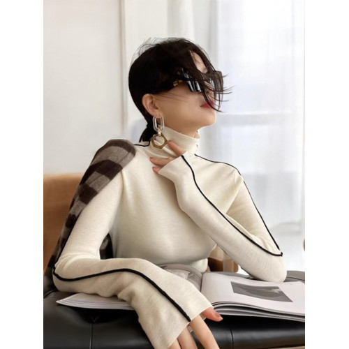 Basic House/百家好法式黑色撞色高領針織打底衫女早秋內搭可外穿