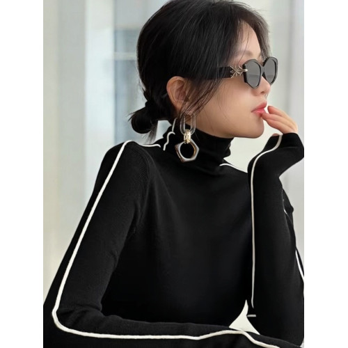 Basic House/百家好法式黑色撞色高領針織打底衫女早秋內搭可外穿