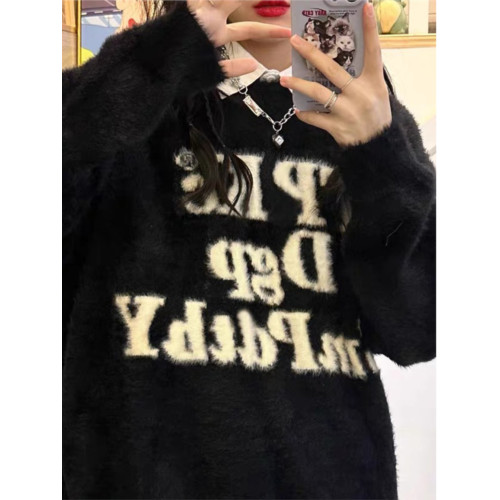 美式字母水貂絨毛衣女秋冬季高中初中學生大童女孩加絨加厚打底衫