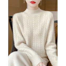 2024冬季新款半高領羊毛衫女加厚純羊毛軟糯毛衣寬松麻花打底衫