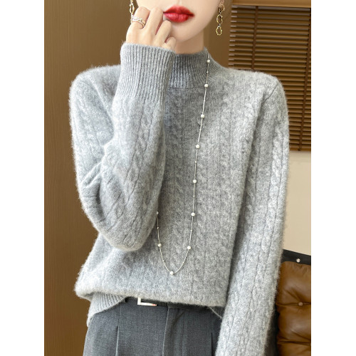 2024冬季新款半高領羊毛衫女加厚純羊毛軟糯毛衣寬松麻花打底衫