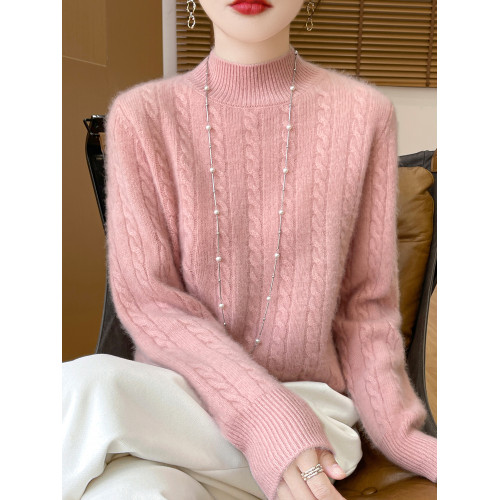 2024冬季新款半高領羊毛衫女加厚純羊毛軟糯毛衣寬松麻花打底衫