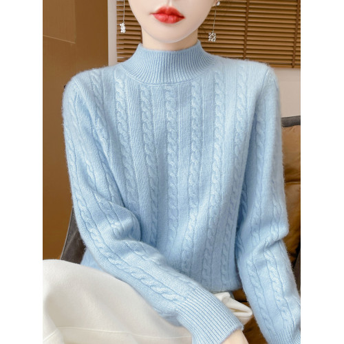 2024冬季新款半高領羊毛衫女加厚純羊毛軟糯毛衣寬松麻花打底衫