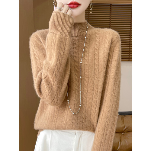 2024冬季新款半高領羊毛衫女加厚純羊毛軟糯毛衣寬松麻花打底衫