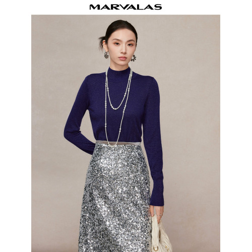 曼德詩綿羊毛打底衫女2025冬季新款閃蔥亮絲設計時尚百搭毛針織衫