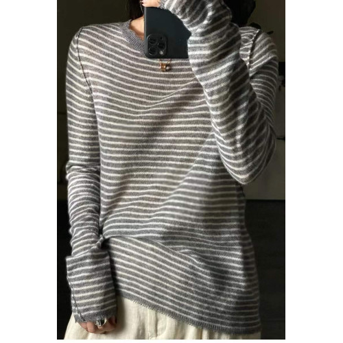 歐洲站春秋薄款羊絨衫女寬松條紋軟糯毛衣針織打底衫百搭上衣顯瘦