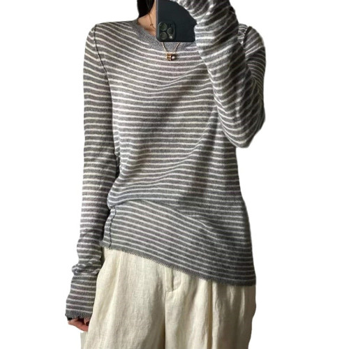 歐洲站春秋薄款羊絨衫女寬松條紋軟糯毛衣針織打底衫百搭上衣顯瘦