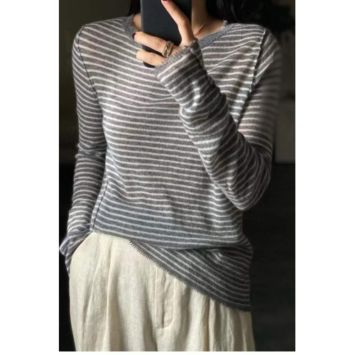 歐洲站春秋薄款羊絨衫女寬松條紋軟糯毛衣針織打底衫百搭上衣顯瘦