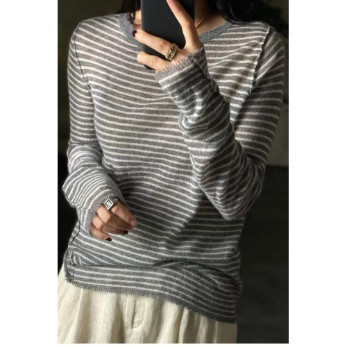 歐洲站春秋薄款羊絨衫女寬松條紋軟糯毛衣針織打底衫百搭上衣顯瘦