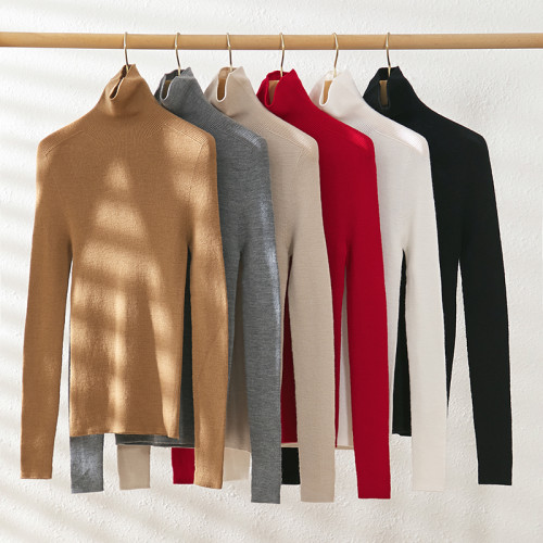 48支無縫一體成型精紡美麗諾羊毛高領舒適百搭修身針織衫打底衫女