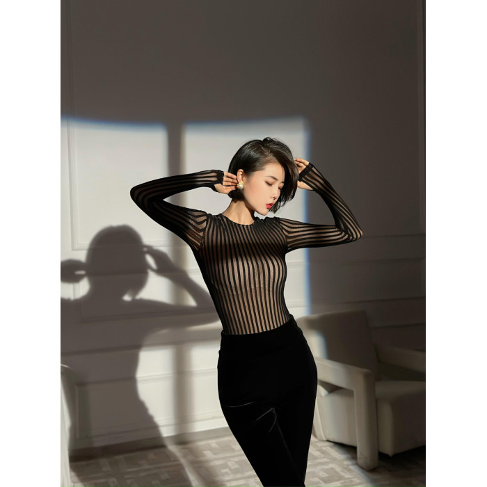 XULU原創條紋蕾絲時尚感高階上衣性感微透顯瘦修身圓領長袖打底衫 XULU原創條紋蕾絲時尚感高階上衣性感微透顯瘦修身圓領長袖打底衫