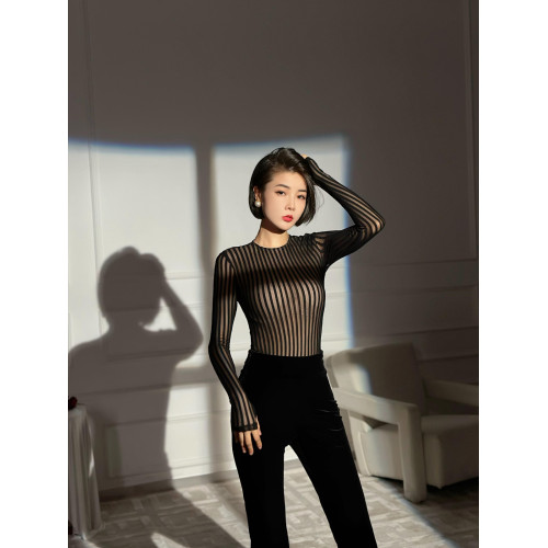 XULU原創條紋蕾絲時尚感高階上衣性感微透顯瘦修身圓領長袖打底衫 XULU原創條紋蕾絲時尚感高階上衣性感微透顯瘦修身圓領長袖打底衫