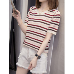 胖mm遮肚顯瘦v領條紋冰絲短袖打底衫女夏季新款洋氣減齡正肩上衣