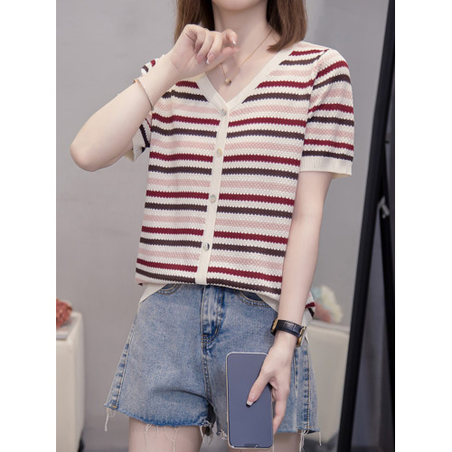 胖mm遮肚顯瘦v領條紋冰絲短袖打底衫女夏季新款洋氣減齡正肩上衣