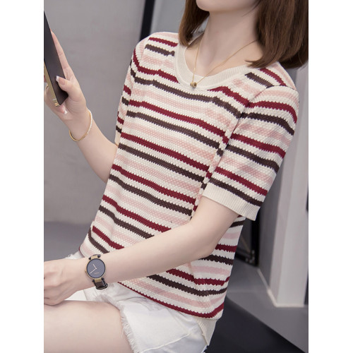 胖mm遮肚顯瘦v領條紋冰絲短袖打底衫女夏季新款洋氣減齡正肩上衣