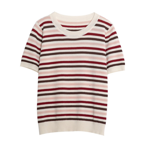 胖mm遮肚顯瘦v領條紋冰絲短袖打底衫女夏季新款洋氣減齡正肩上衣