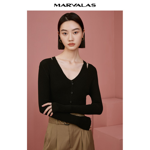 曼德詩假兩件開衫2025秋裝新款時尚針織衫時髦拼接吊帶氣質打底衫