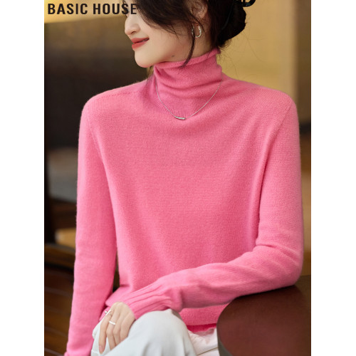Basic House/百家好星空粉綿羊毛針織高領打底衫女士2025春季新款