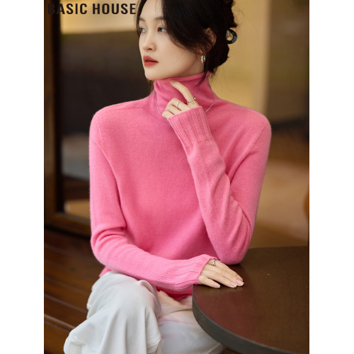 Basic House/百家好星空粉綿羊毛針織高領打底衫女士2025春季新款