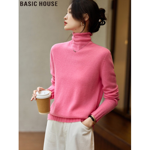 Basic House/百家好星空粉綿羊毛針織高領打底衫女士2025春季新款
