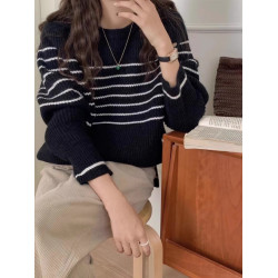 條紋慵懶寬松圓領羊毛針織打底衫女秋冬新款長袖休閒百搭羊絨毛衣