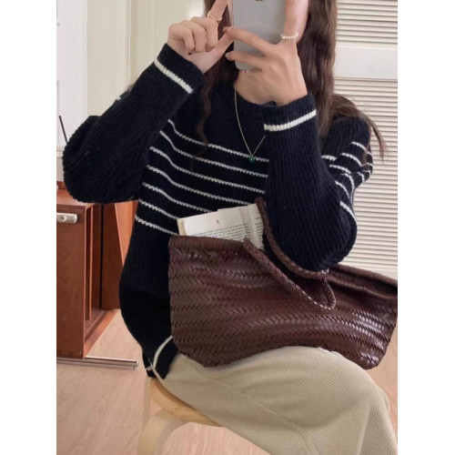 條紋慵懶寬松圓領羊毛針織打底衫女秋冬新款長袖休閒百搭羊絨毛衣