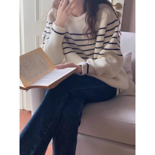 條紋慵懶寬松圓領羊毛針織打底衫女秋冬新款長袖休閒百搭羊絨毛衣