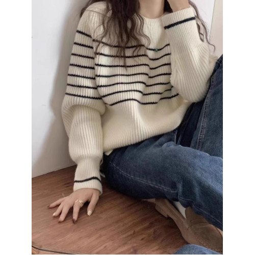 條紋慵懶寬松圓領羊毛針織打底衫女秋冬新款長袖休閒百搭羊絨毛衣