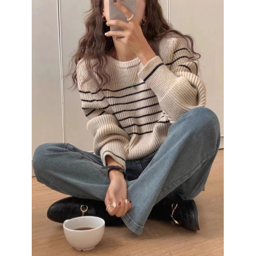 條紋慵懶寬松圓領羊毛針織打底衫女秋冬新款長袖休閒百搭羊絨毛衣