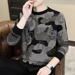 歐洲站毛衣男冬季高級提花休閒打底衫男款加絨加厚內搭針織羊毛衫