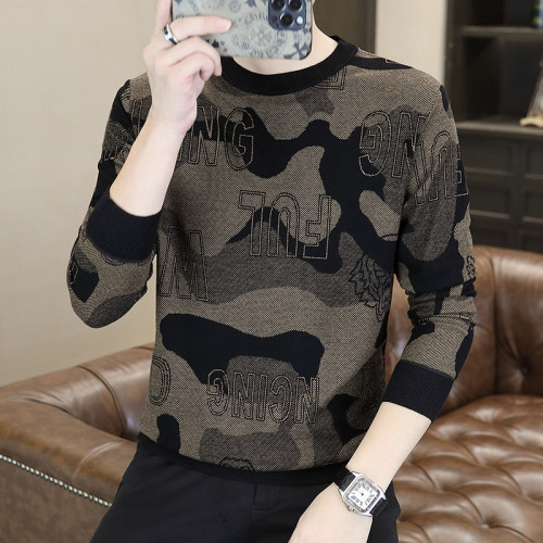 歐洲站毛衣男冬季高級提花休閒打底衫男款加絨加厚內搭針織羊毛衫