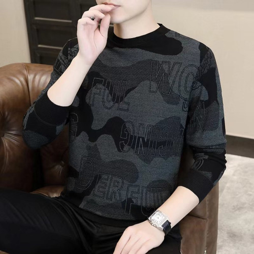 歐洲站毛衣男冬季高級提花休閒打底衫男款加絨加厚內搭針織羊毛衫