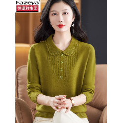 恒源祥彩羊羊毛衫女2025新款春秋媽媽翻領紅色毛衣針織上衣打底衫