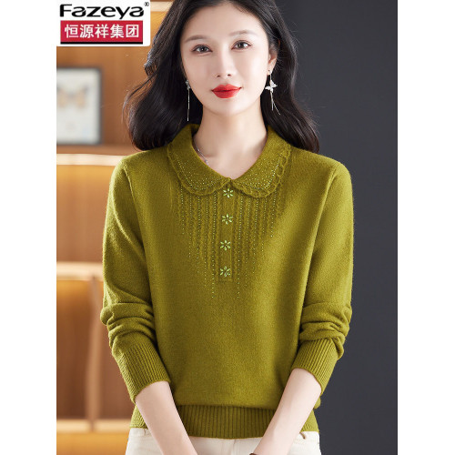 恒源祥彩羊羊毛衫女2025新款春秋媽媽翻領紅色毛衣針織上衣打底衫