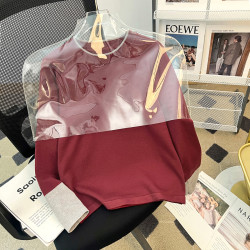 【藝術旅途】撞色圓領長袖針織衫女春秋新款設計感拼色內搭打底衫