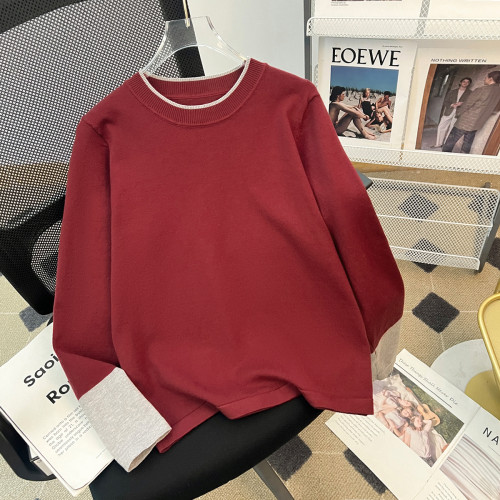 【藝術旅途】撞色圓領長袖針織衫女春秋新款設計感拼色內搭打底衫