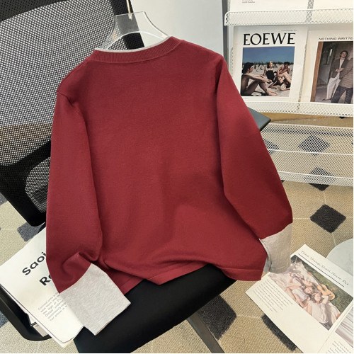 【藝術旅途】撞色圓領長袖針織衫女春秋新款設計感拼色內搭打底衫