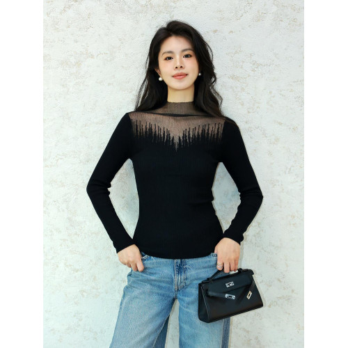 FuwerStudio 12.06黑標系列 清透歐根紗拼接羊毛不規則設計打底衫