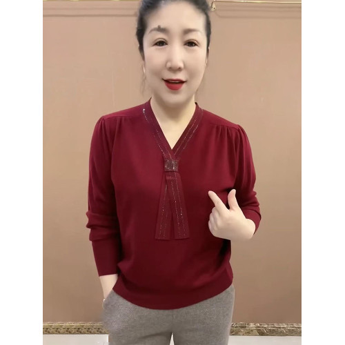 2025早春新款長袖顯瘦套頭洋氣休閒V領飄帶銀邊打底衫女針織上衣